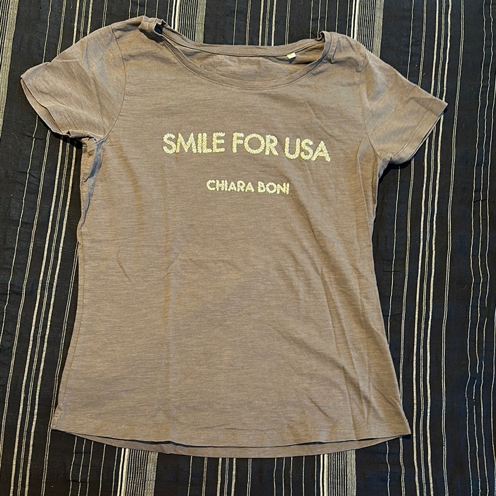 Chiara Boni Grey Tee with Glitter Lettering